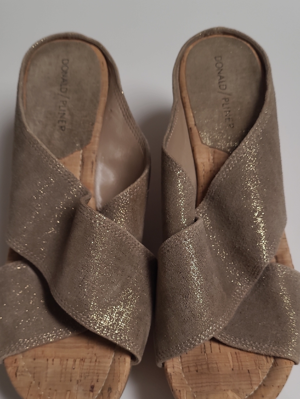 Donald J. Pliner Metallic Gold Cork Wedge Mules - Size 8.5